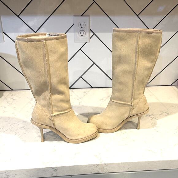 Rare vintage Y2K Tommy Hilfiger beige Ugg-style heeled boots size 6.5 suede - Picture 8 of 9